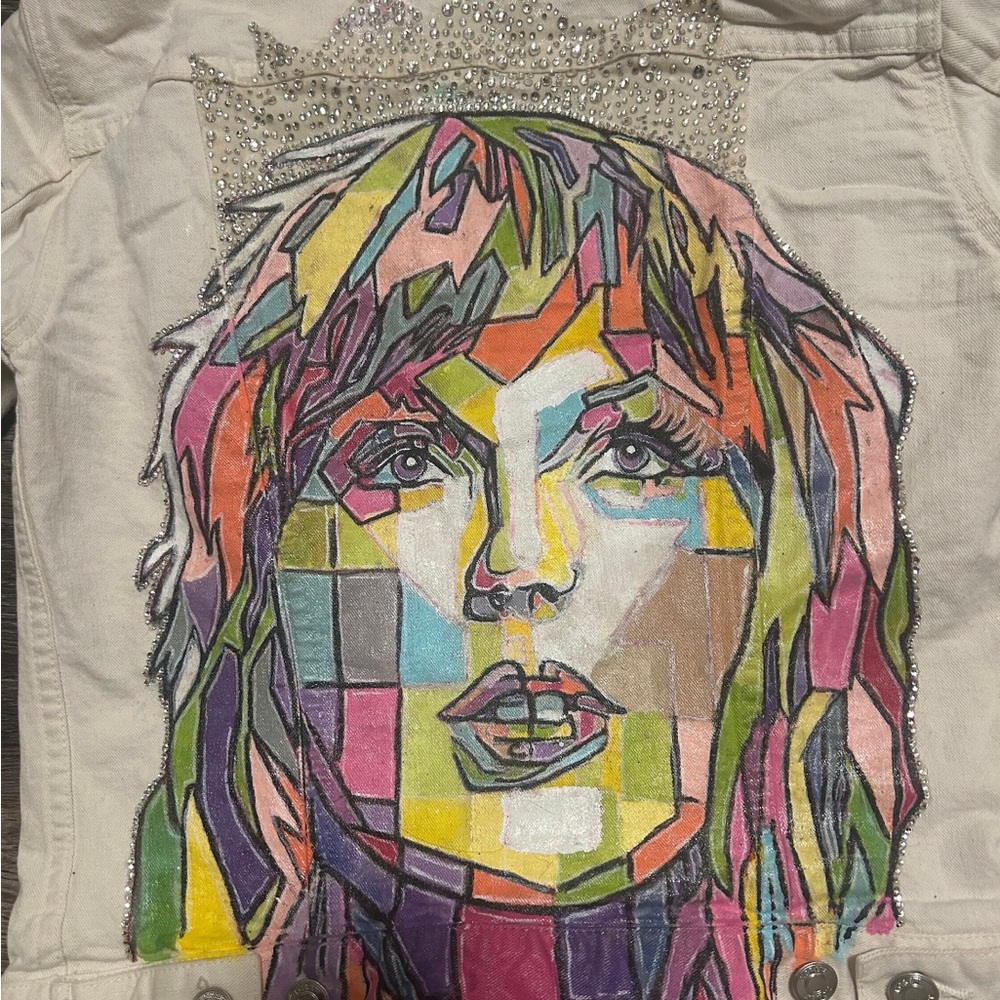 Bejeweled Taylor Swift Hand Painted Denim Jacket | Size S | White/Multi - Picture 2 of 6